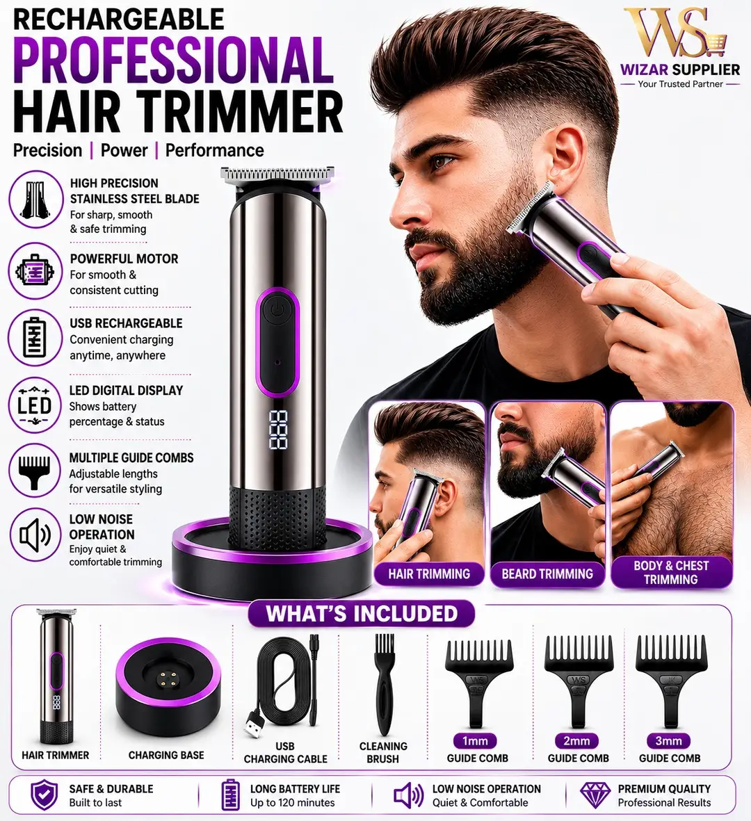 Professional Rechargeable Hair Trimmer with Charging Base