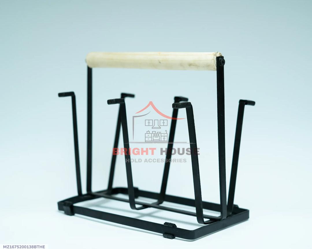 Stylish Wooden Handle Glass Stand Black Metal Kitchen Organizer