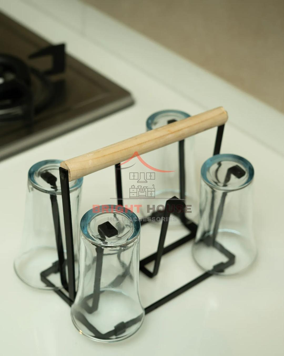 Stylish Wooden Handle Glass Stand Black Metal Kitchen Organizer