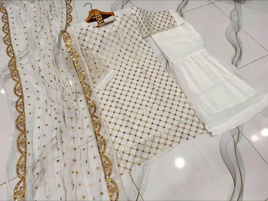 White 3-Piece Mirror Work Chiffon Suit for Women