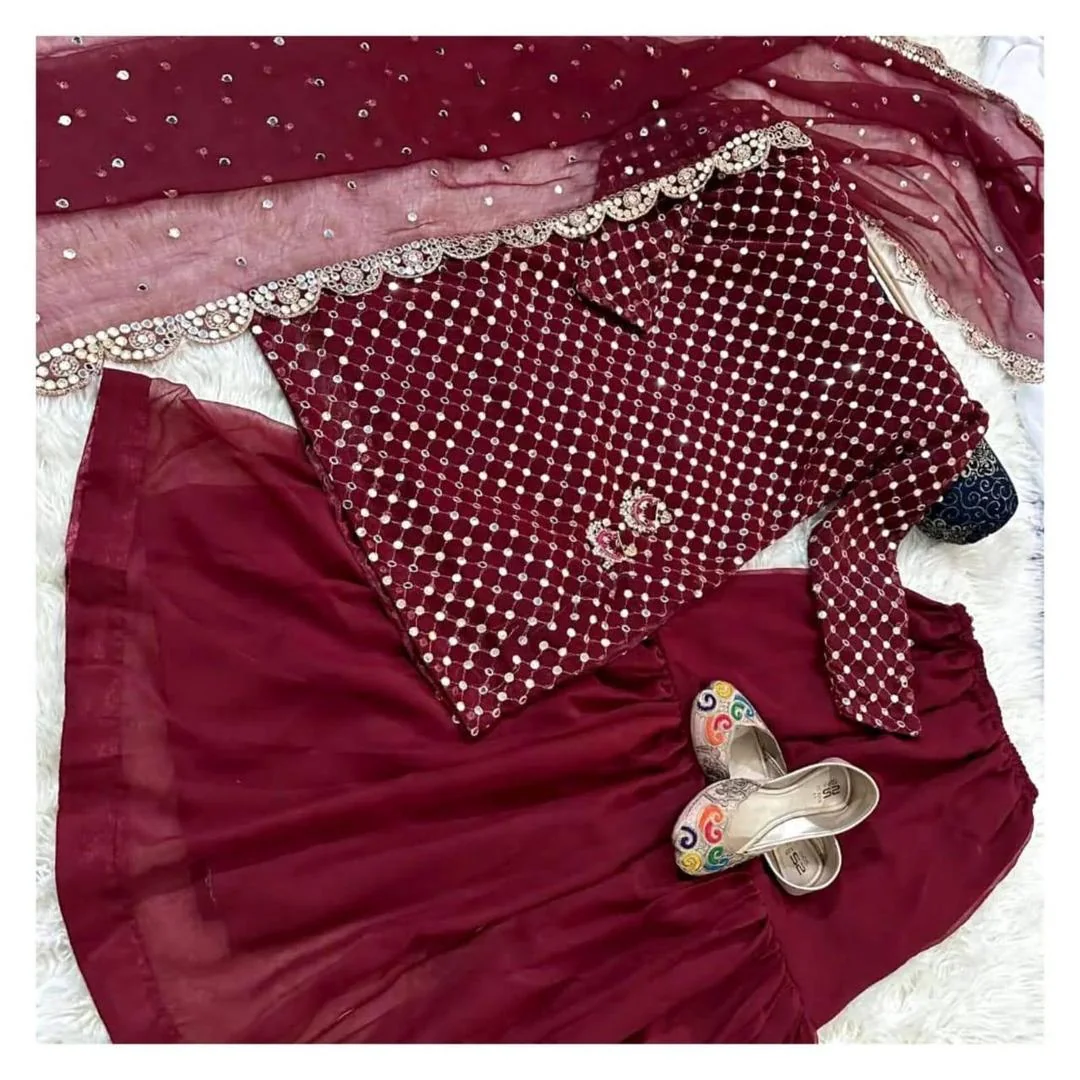 Maroon Mirror Work 3Pcs Women Suit Party Wear