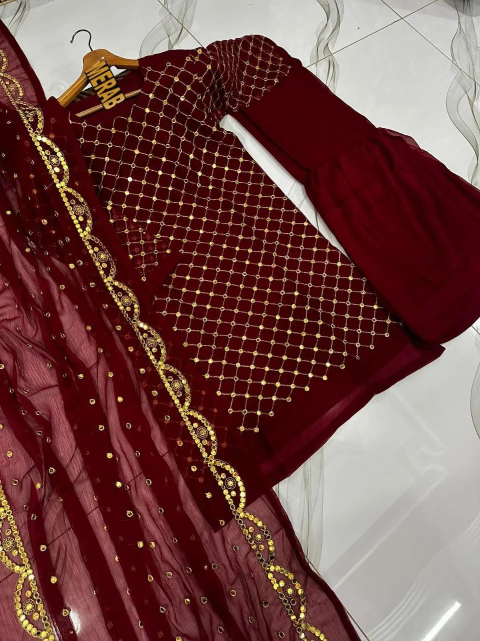 Maroon Mirror Work 3Pcs Women Suit Party Wear