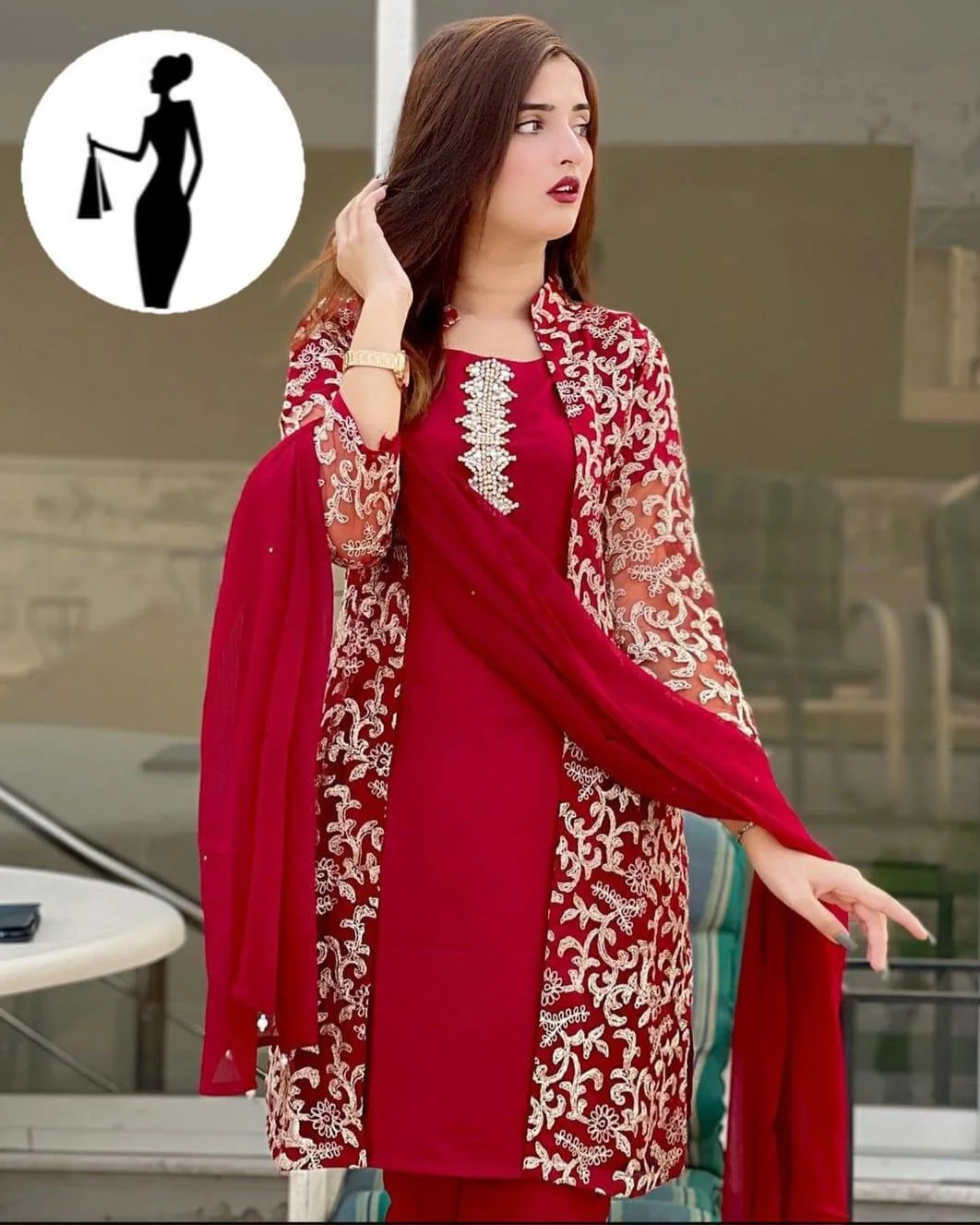 Maroon 4 Pcs Embroidered Gown Suit Shamoz Silk
