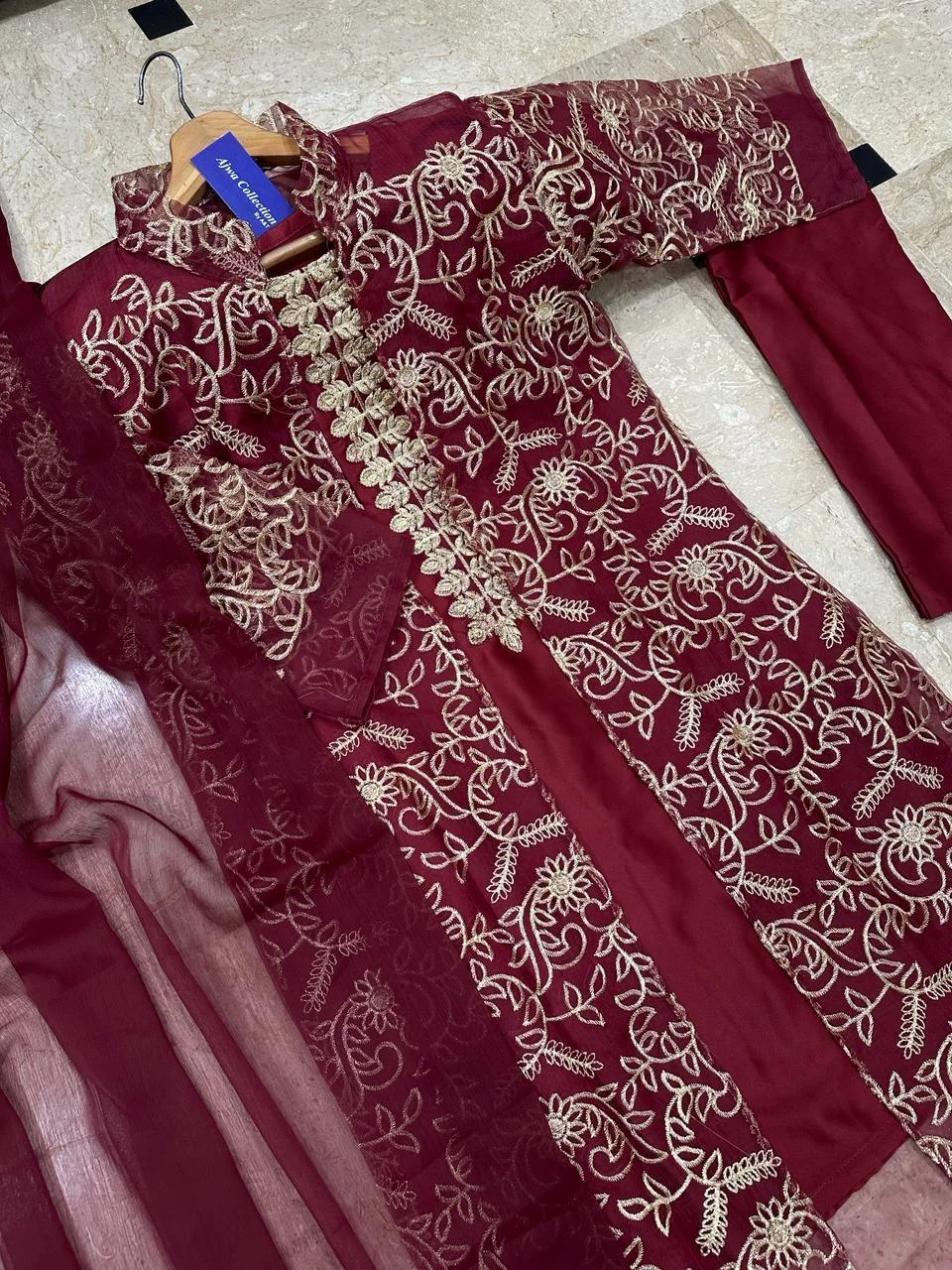 Maroon 4 Pcs Embroidered Gown Suit Shamoz Silk