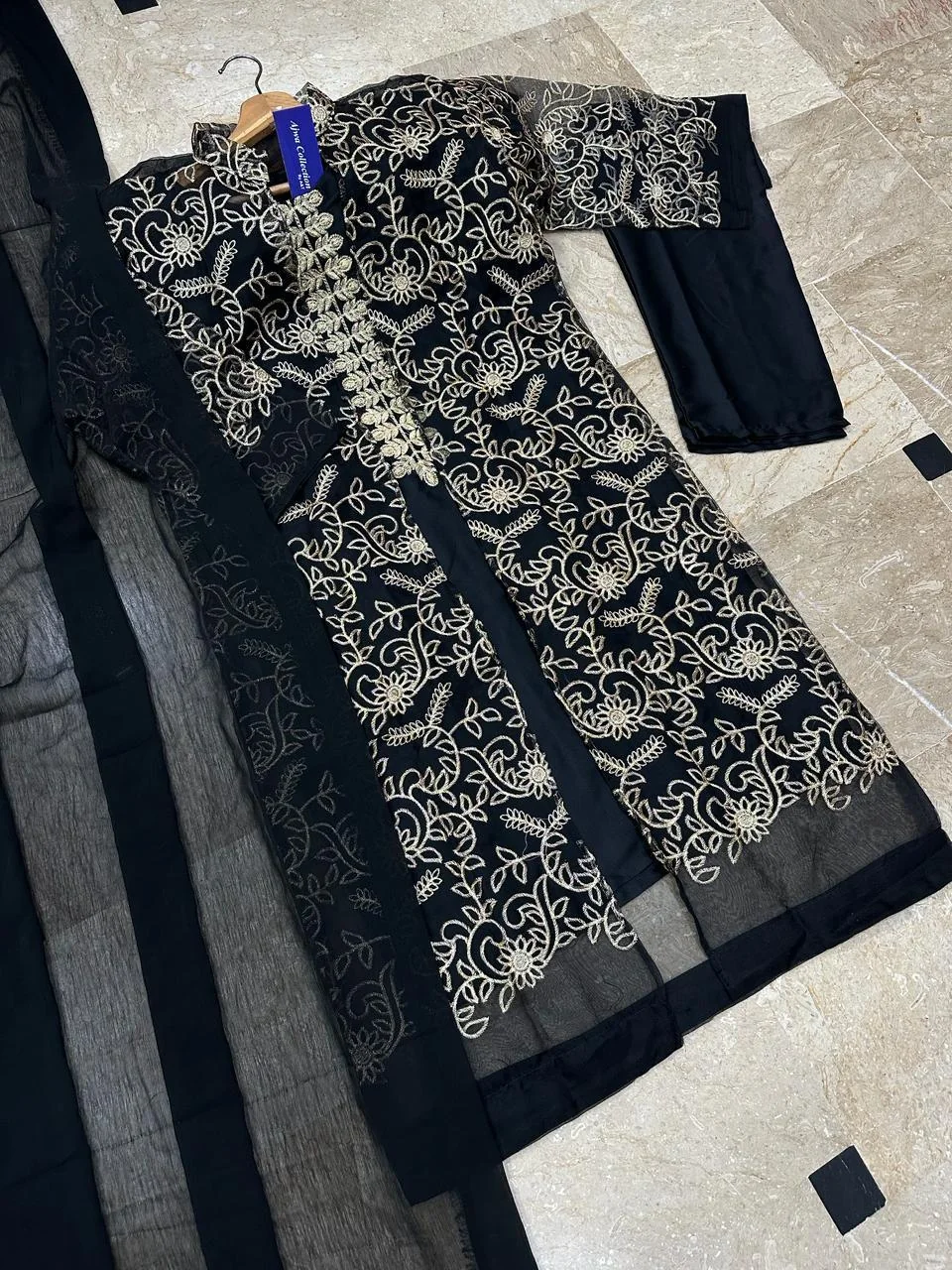 Black Embroidered 4-Piece Shamoz Silk Gown Suit Set