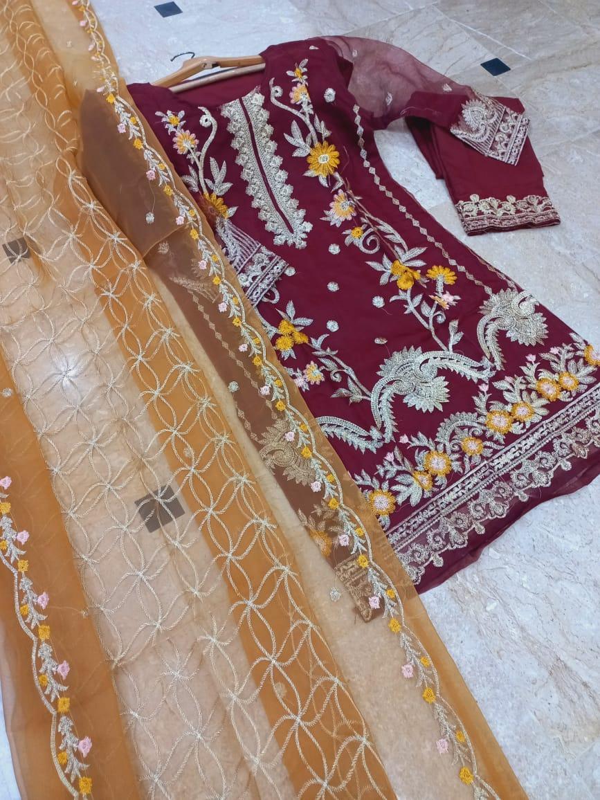 Women Maroon Embroidered Suit 3Pc Organza Malai Crepe Pakistan