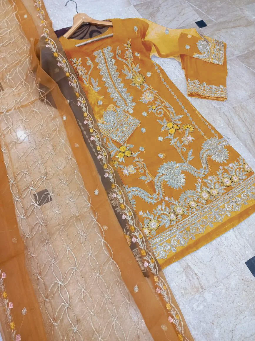 Women Embroidered 3Pcs Suit Mustard Organza