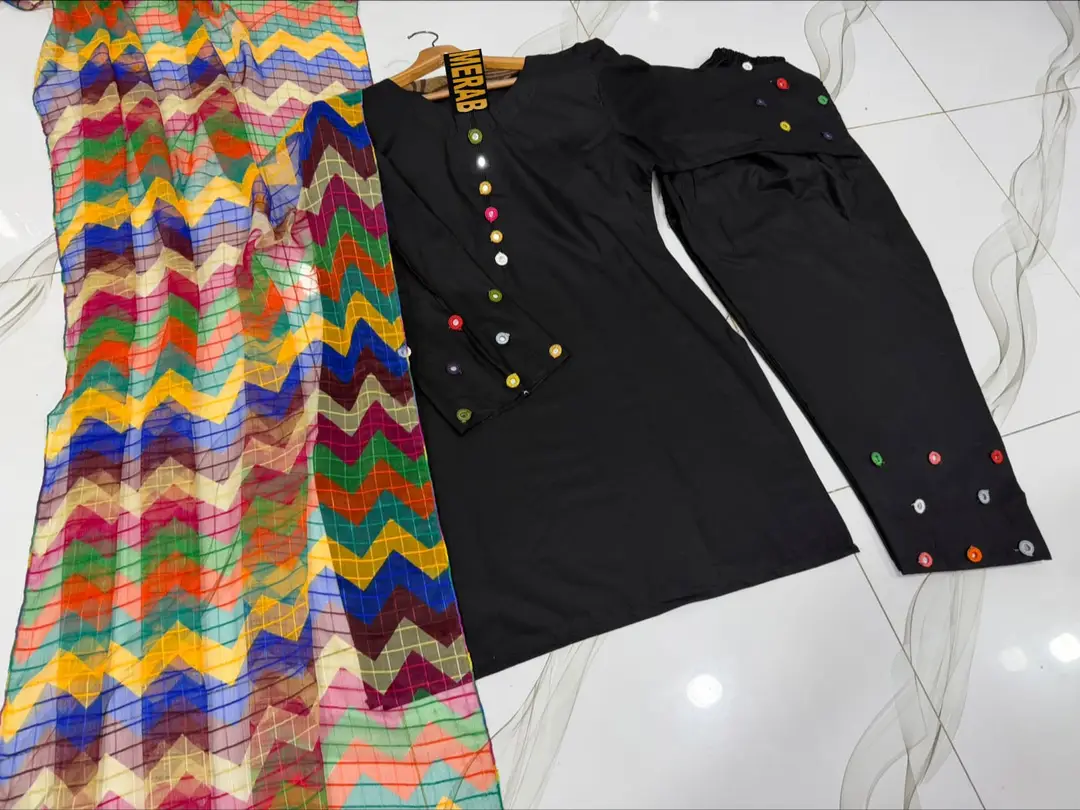 3 Pcs Women's Stitched Cotton Sheesha Work Suit Multi Mirror Attached On Neckline,Sleeves And Farshi Shalwar Bottom With ZigZag Multi Printed Dupatta