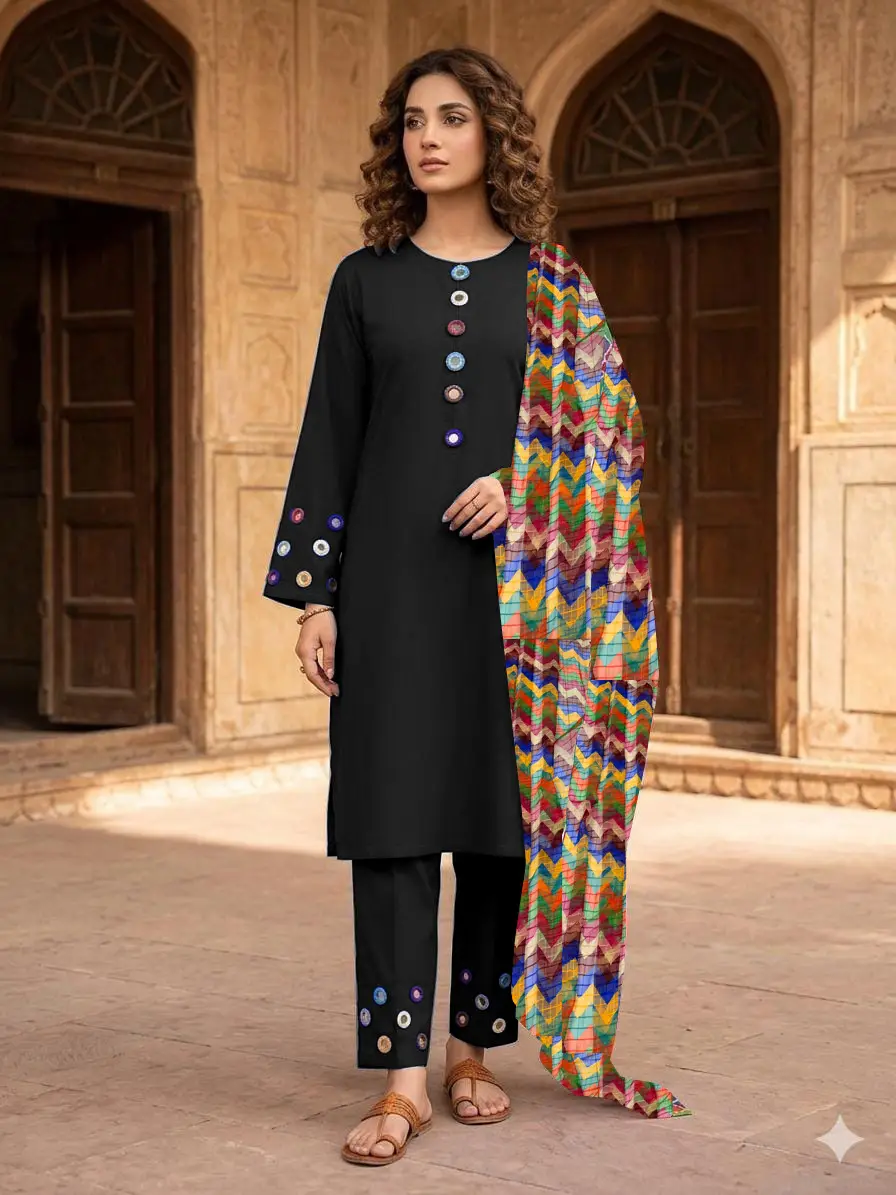3 Pcs Women's Stitched Cotton Sheesha Work Suit Multi Mirror Attached On Neckline,Sleeves And Farshi Shalwar Bottom With ZigZag Multi Printed Dupatta