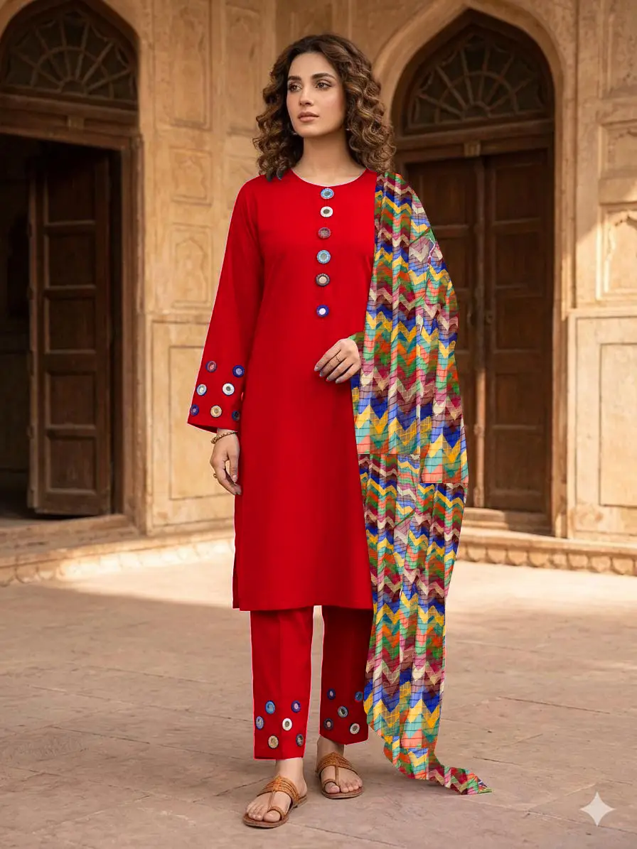 3 Pcs Women's Stitched Cotton Sheesha Work Suit Multi Mirror Attached On Neckline,Sleeves And Farshi Shalwar Bottom With ZigZag Multi Printed Dupatta