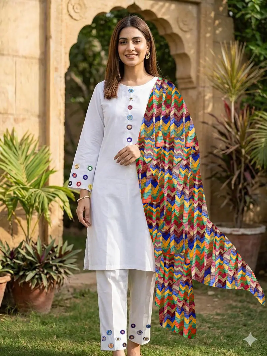 3 Pcs Women's Stitched Cotton Sheesha Work Suit Multi Mirror Attached On Neckline,Sleeves And Farshi Shalwar Bottom With ZigZag Multi Printed Dupatta