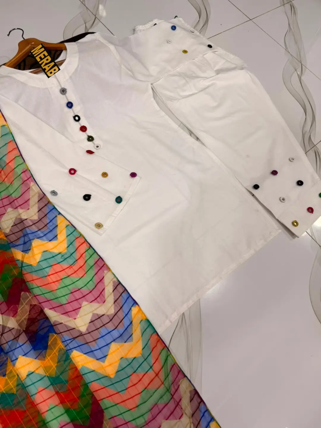 3 Pcs Women's Stitched Cotton Sheesha Work Suit Multi Mirror Attached On Neckline,Sleeves And Farshi Shalwar Bottom With ZigZag Multi Printed Dupatta