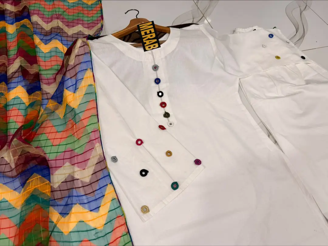 3 Pcs Women's Stitched Cotton Sheesha Work Suit Multi Mirror Attached On Neckline,Sleeves And Farshi Shalwar Bottom With ZigZag Multi Printed Dupatta