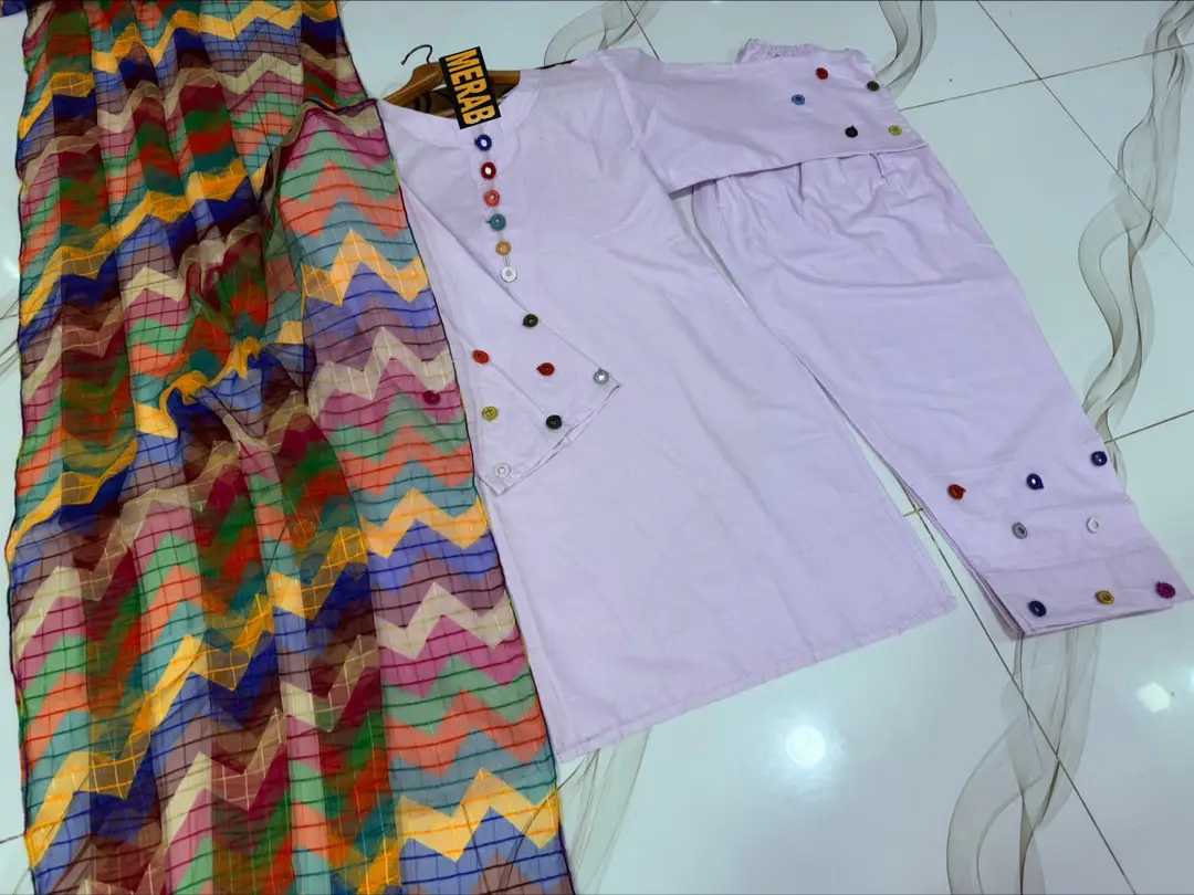 3 Pcs Women's Stitched Cotton Sheesha Work Suit Multi Mirror Attached On Neckline,Sleeves And Farshi Shalwar Bottom With ZigZag Multi Printed Dupatta