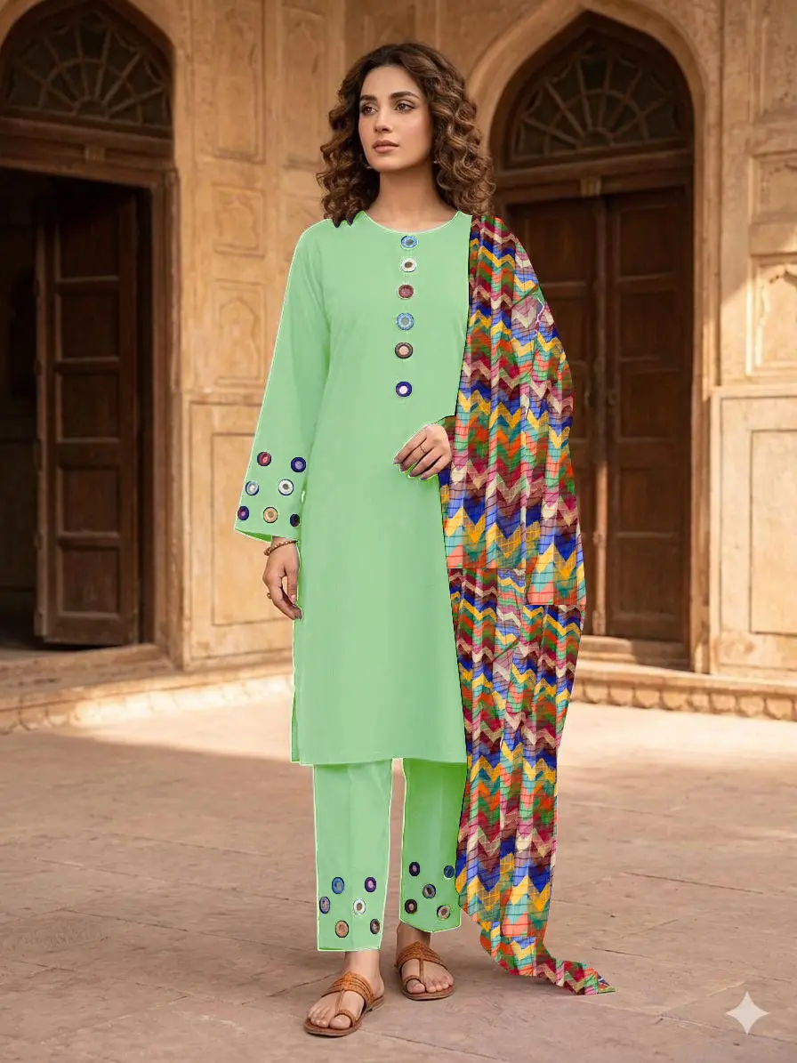 3 Pcs Women's Stitched Cotton Sheesha Work Suit Multi Mirror Attached On Neckline,Sleeves And Farshi Shalwar Bottom With ZigZag Multi Printed Dupatta