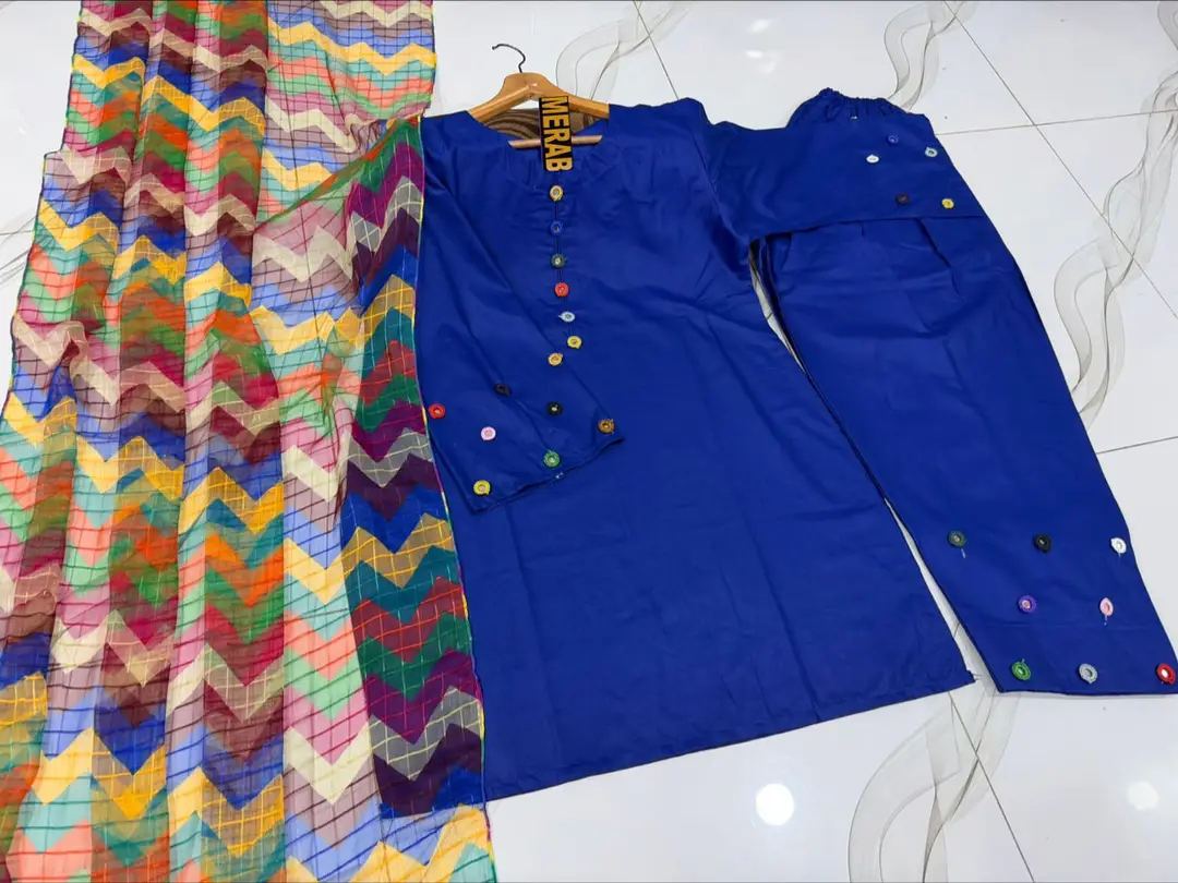 3 Pcs Women's Stitched Cotton Sheesha Work Suit Multi Mirror Attached On Neckline,Sleeves And Farshi Shalwar Bottom With ZigZag Multi Printed Dupatta