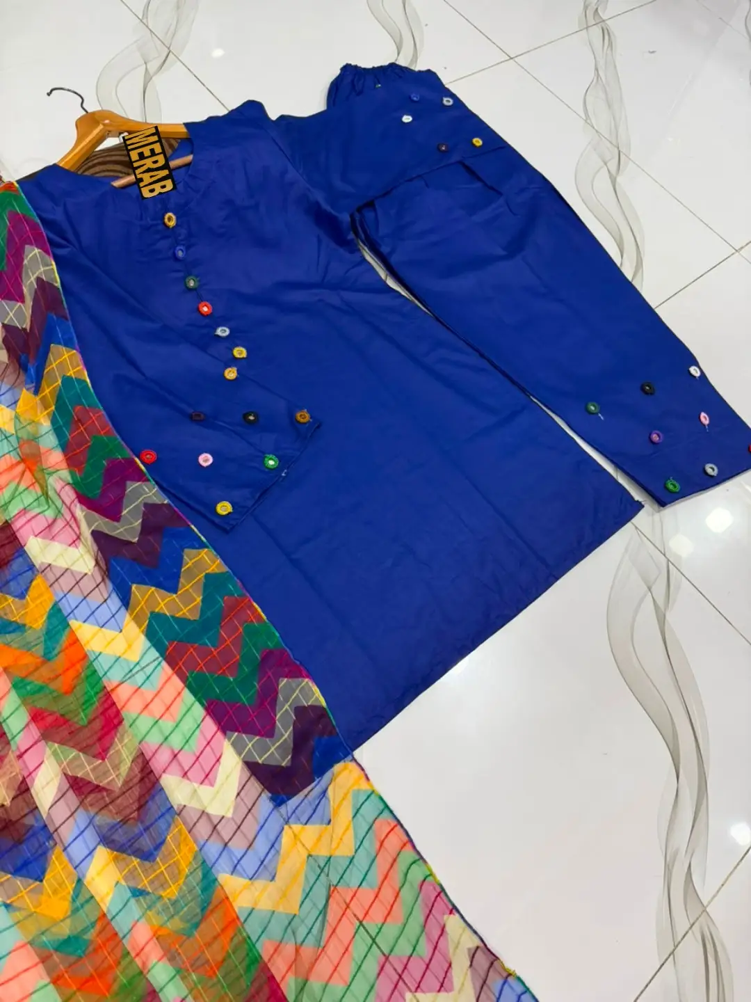 3 Pcs Women's Stitched Cotton Sheesha Work Suit Multi Mirror Attached On Neckline,Sleeves And Farshi Shalwar Bottom With ZigZag Multi Printed Dupatta