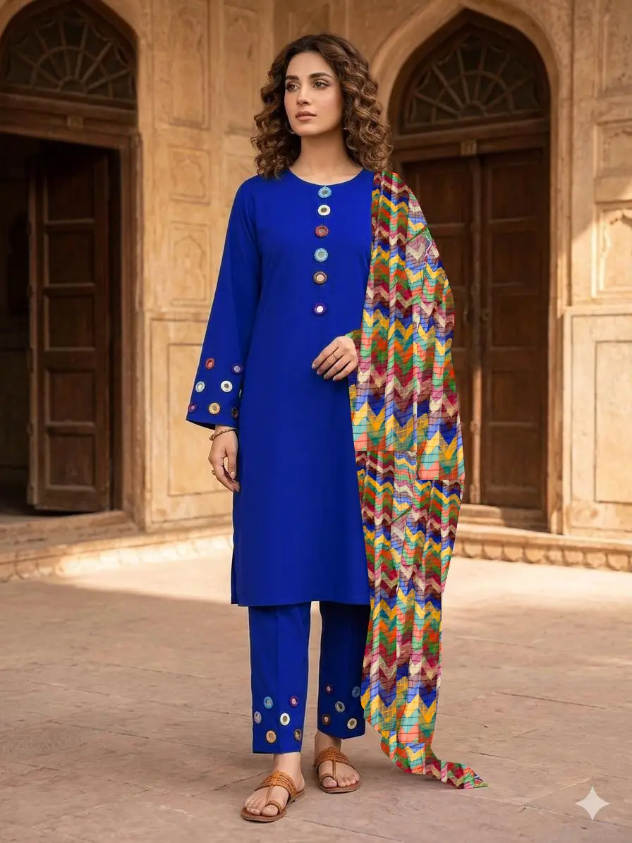 3 Pcs Women's Stitched Cotton Sheesha Work Suit Multi Mirror Attached On Neckline,Sleeves And Farshi Shalwar Bottom With ZigZag Multi Printed Dupatta