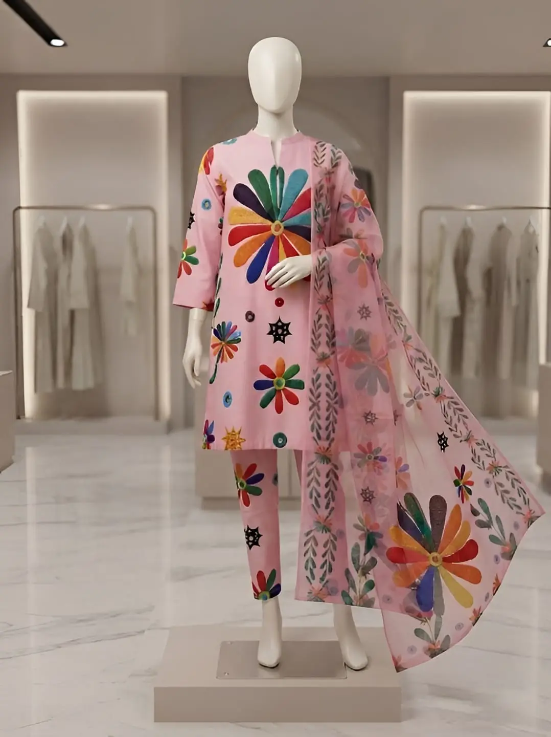 3 Pcs Women's Stitched Arabic Lawn Printed Suit
