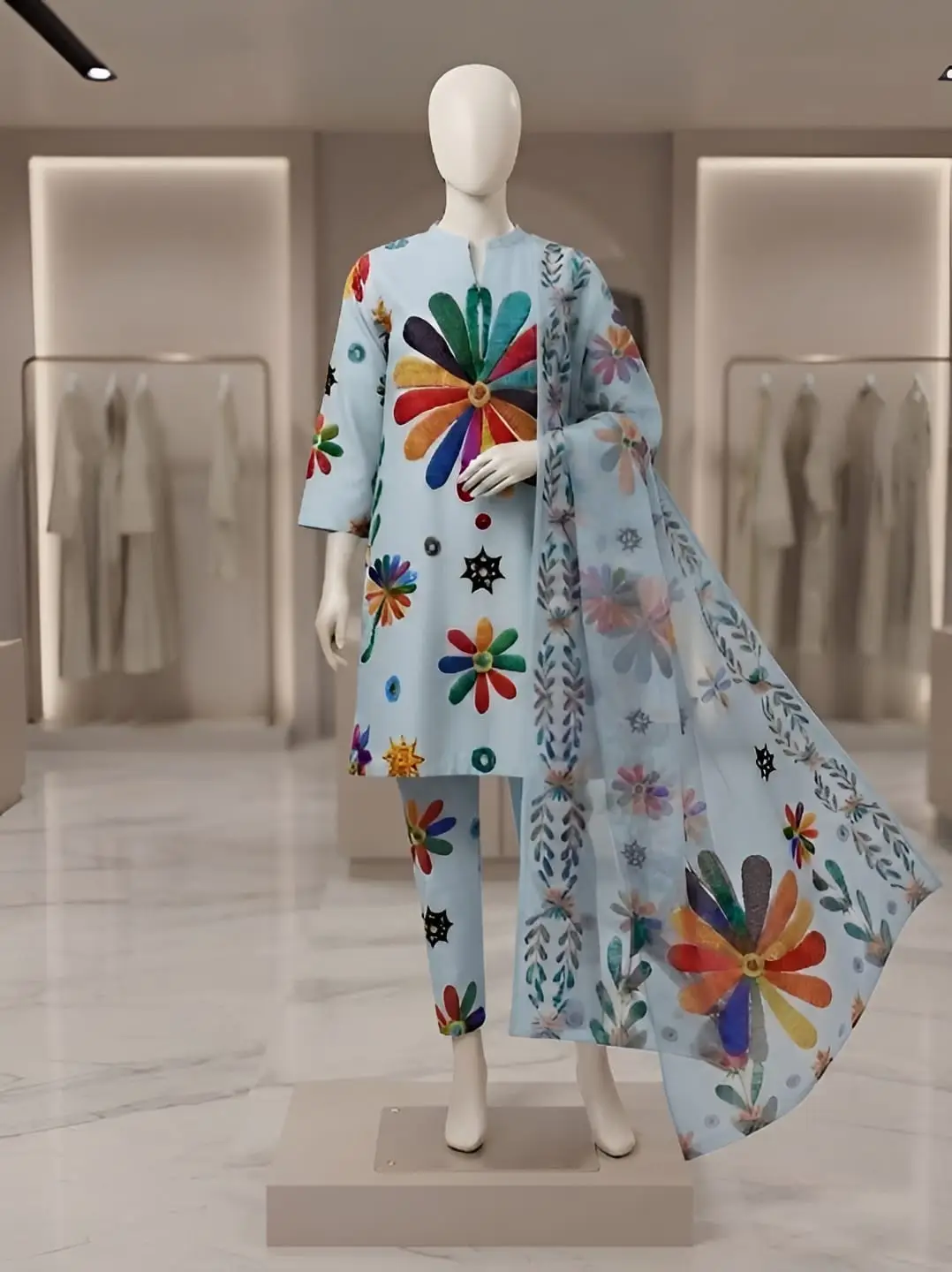 3 Pcs Women's Stitched Arabic Lawn Printed Suit