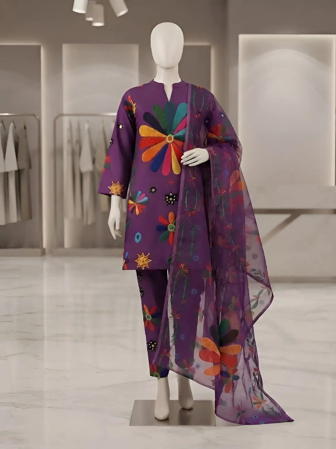 3 Pcs Women's Stitched Arabic Lawn Printed Suit