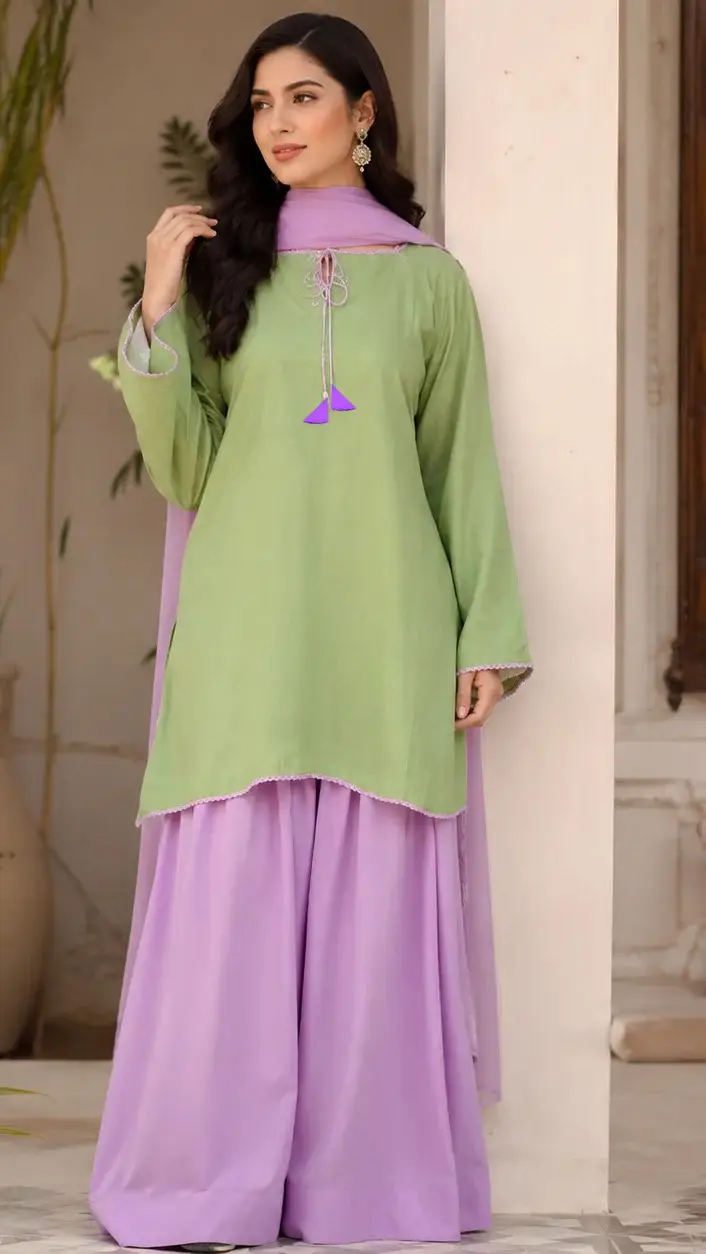 3 Pcs Women's Stitched Cotton Plain Suit