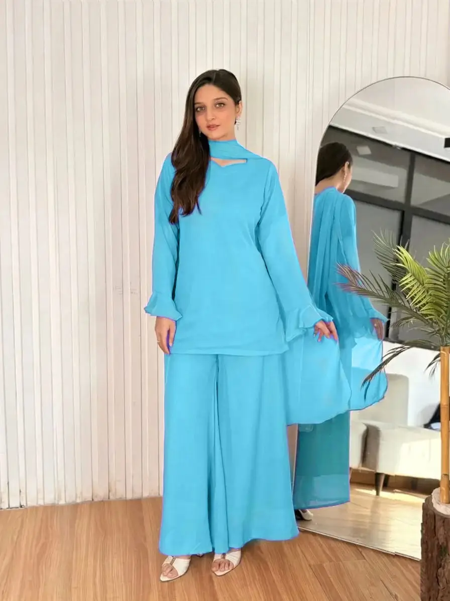 3 Pcs Women's Stitched Chiffon Plain Suit