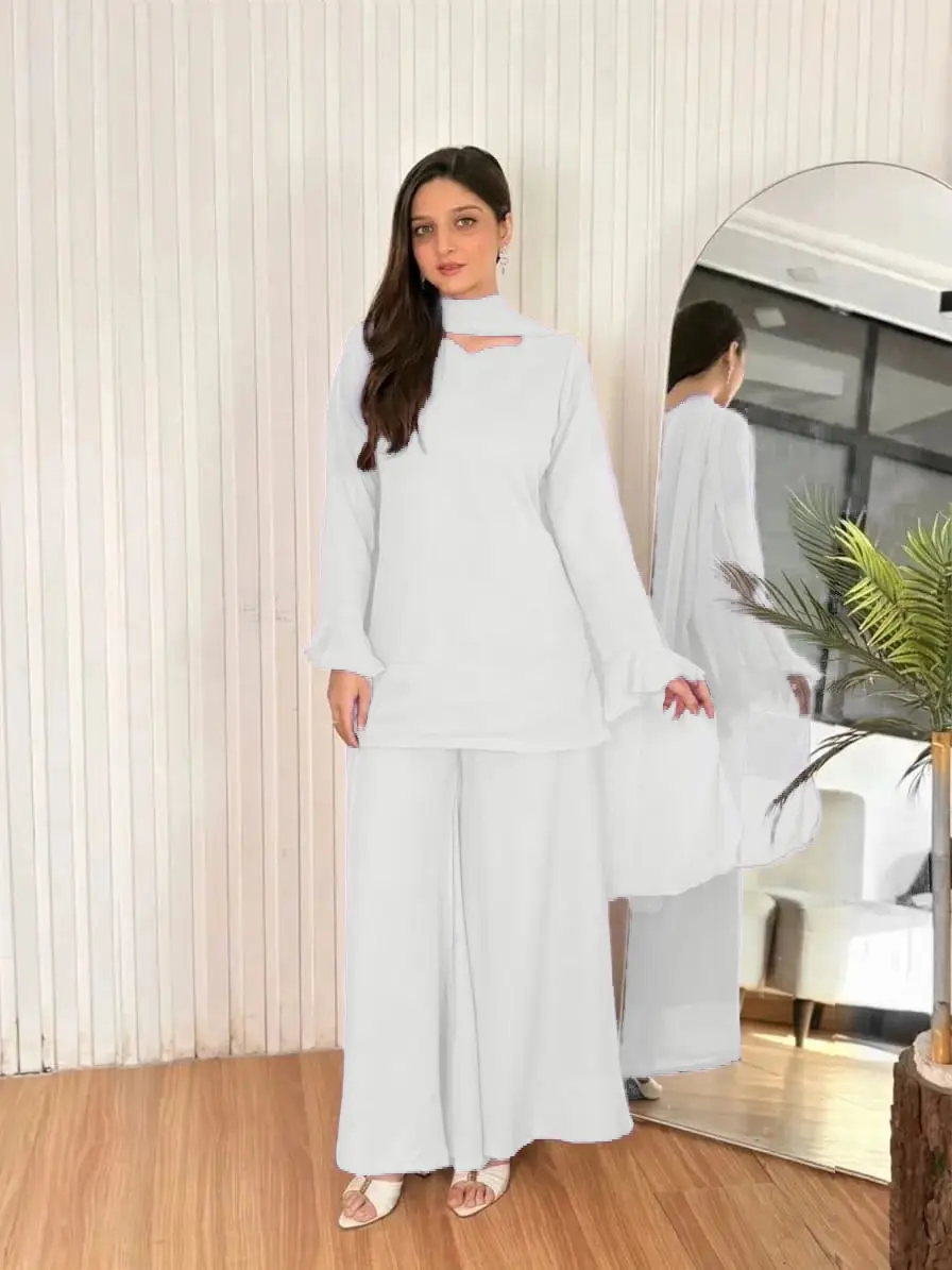 3 Pcs Women's Stitched Chiffon Plain Suit