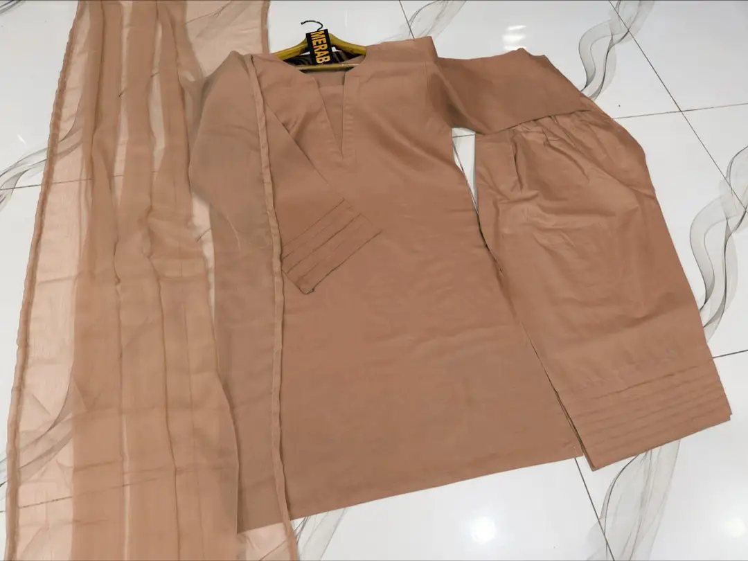 3 Pcs Women's Stitched Cotton Plain Suit