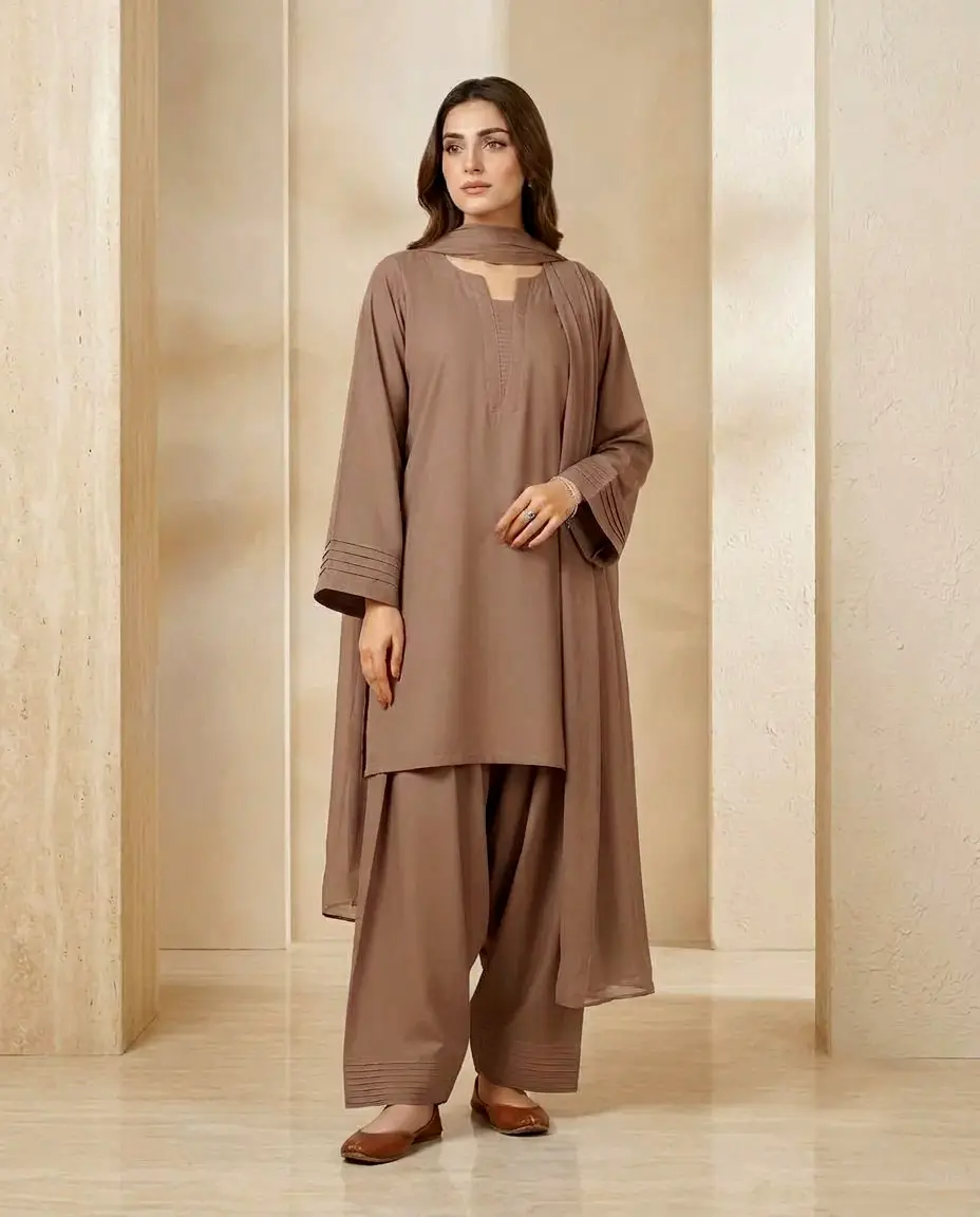 3 Pcs Women's Stitched Cotton Plain Suit