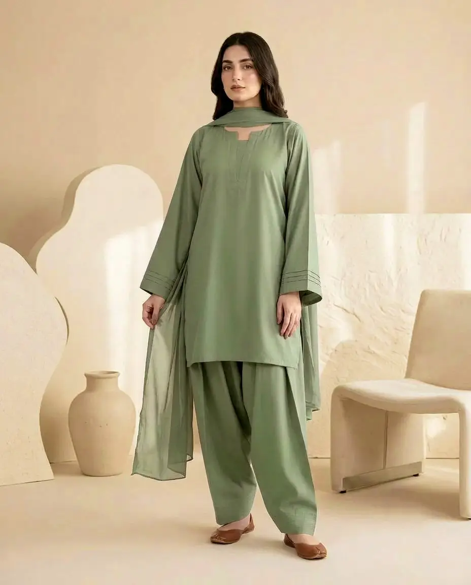 3 Pcs Women's Stitched Cotton Plain Suit