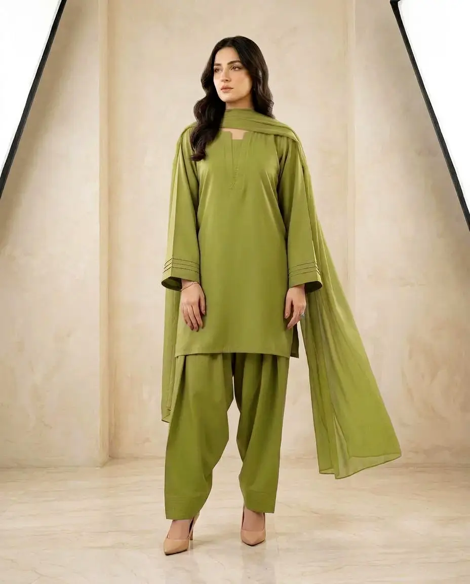 3 Pcs Women's Stitched Cotton Plain Suit