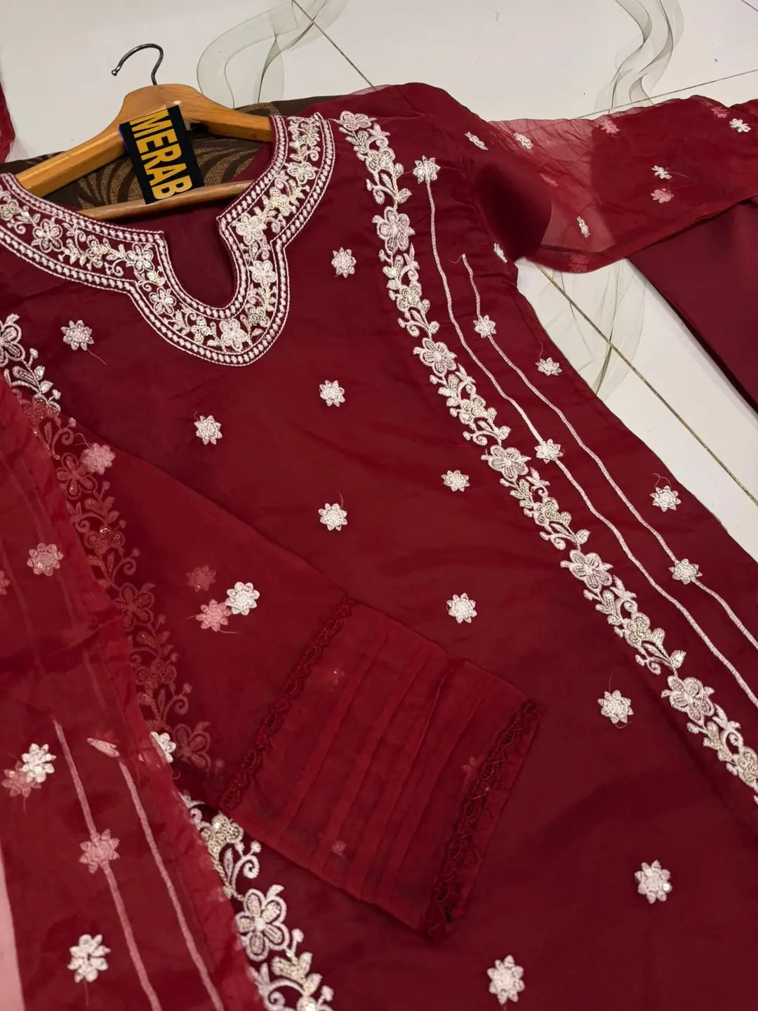 3 Pcs Women's Stitched Organza Embroidered Suit