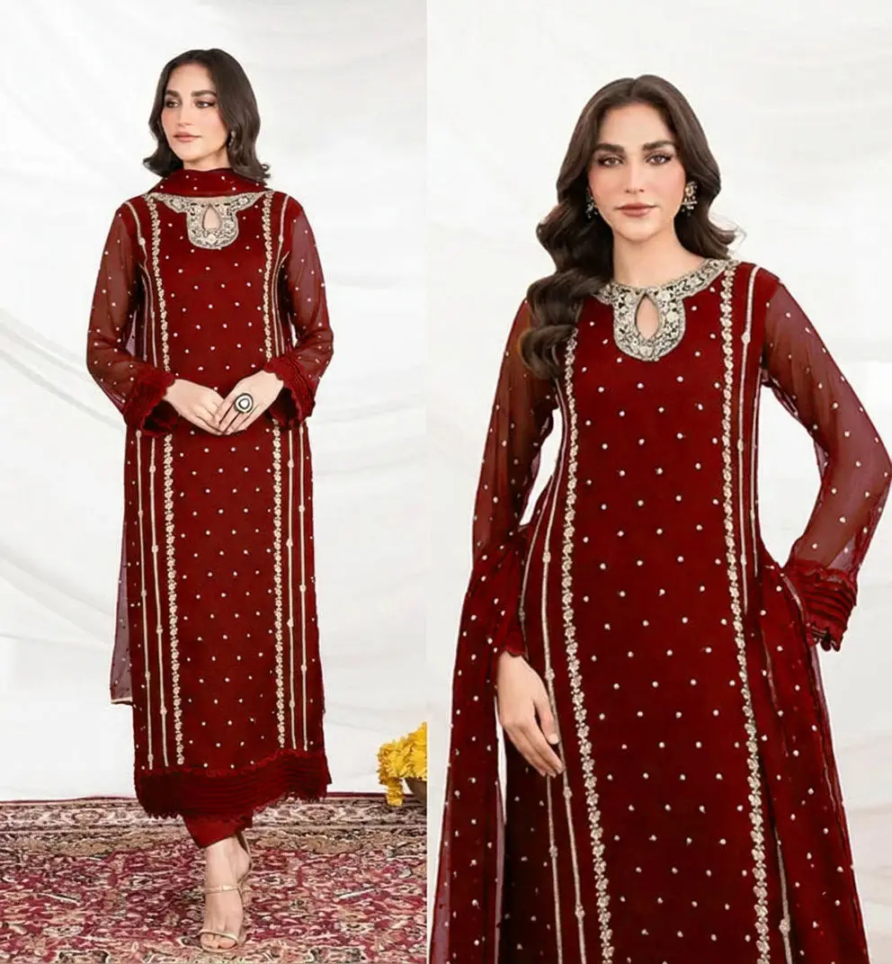 3 Pcs Women's Stitched Organza Embroidered Suit