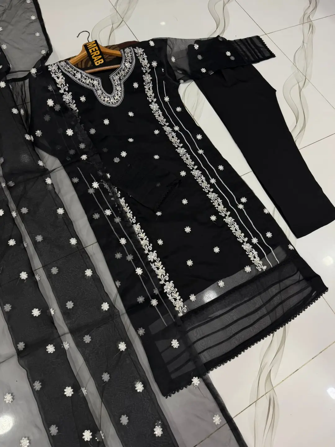 3 Pcs Women's Stitched Organza Embroidered Suit