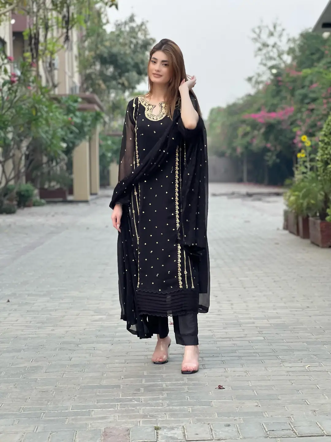 3 Pcs Women's Stitched Organza Embroidered Suit