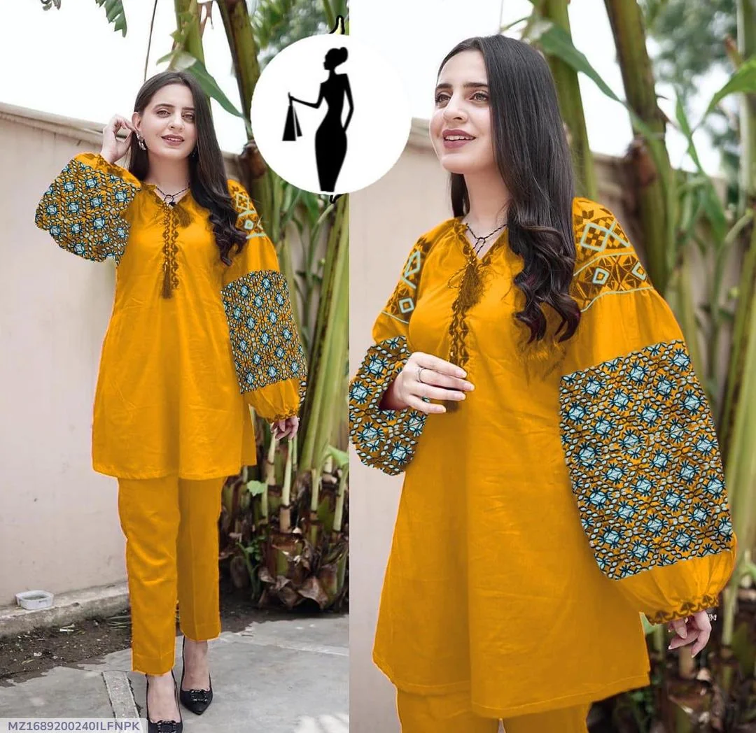 Women Linen Embroidered Shirt Trouser Set Mustard