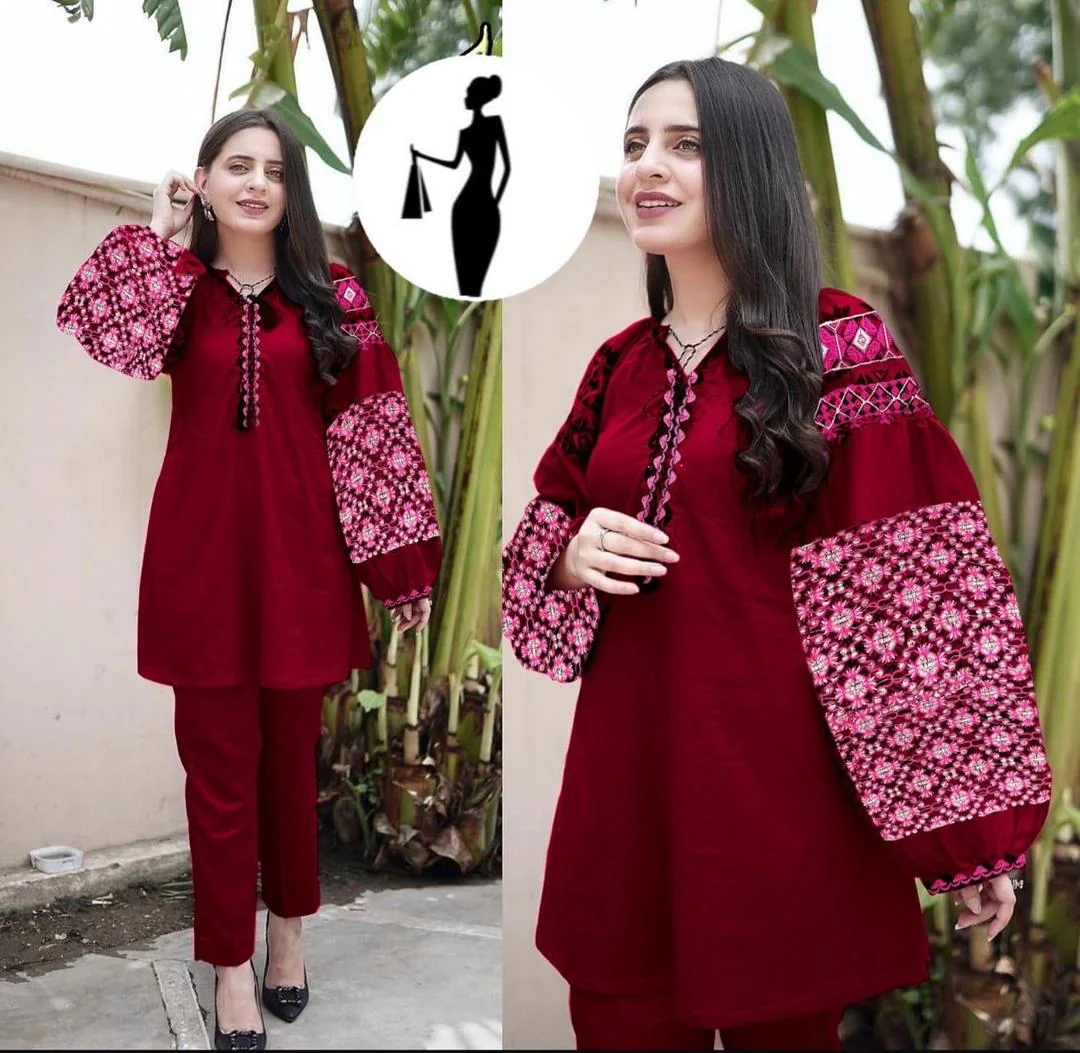 Women Linen Embroidered Shirt Trouser Set Maroon
