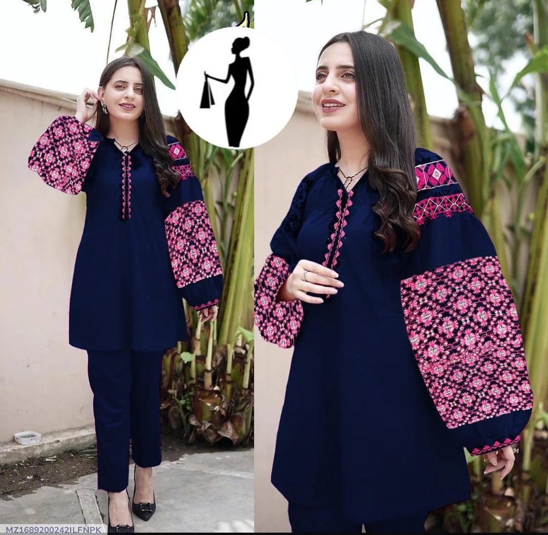 Women Linen Embroidered Shirt Trouser Set Blue