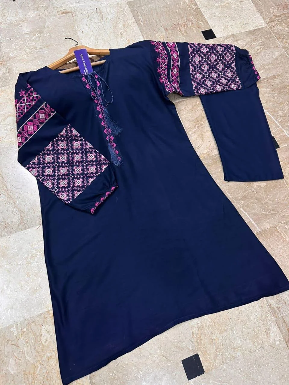 Women Linen Embroidered Shirt Trouser Set Blue