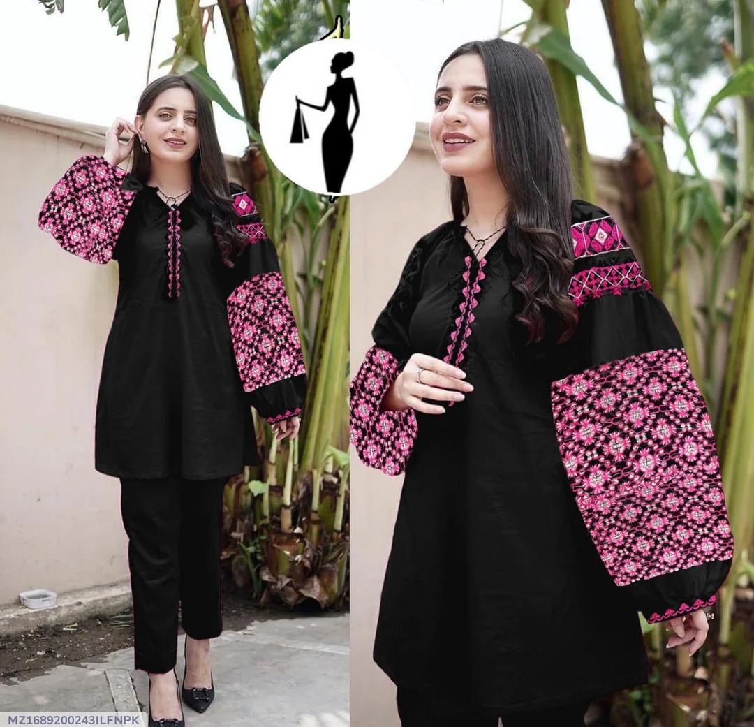 Women Linen Embroidered Shirt Trouser Set Black