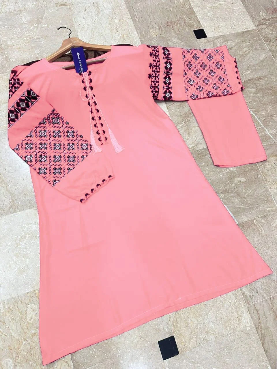 Women Linen Embroidered Shirt Trouser Set Pink