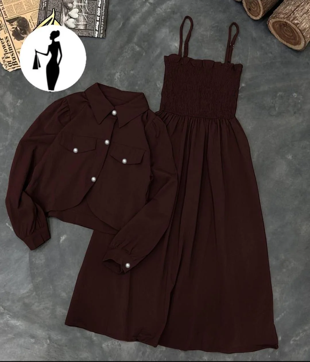 Brown Linen 2Pcs Frock & Jacket Set