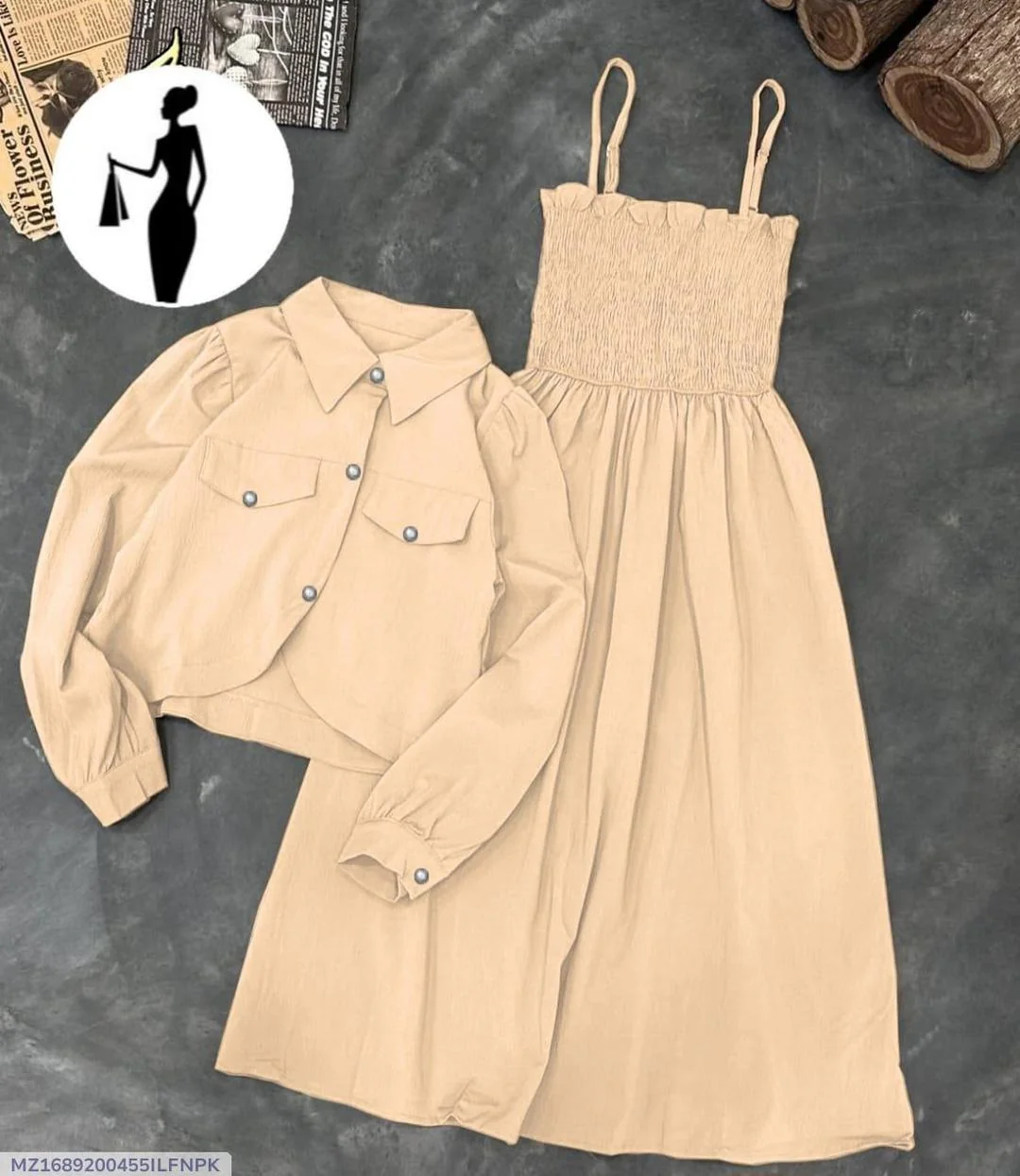 2 Pcs Women Linen Frock Jacket Set Beige
