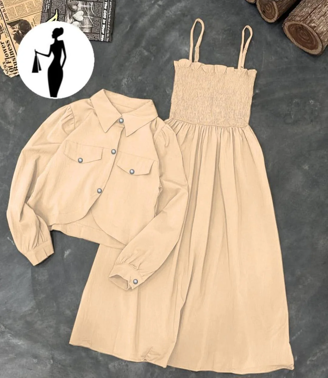 2 Pcs Women Linen Frock Jacket Set Beige