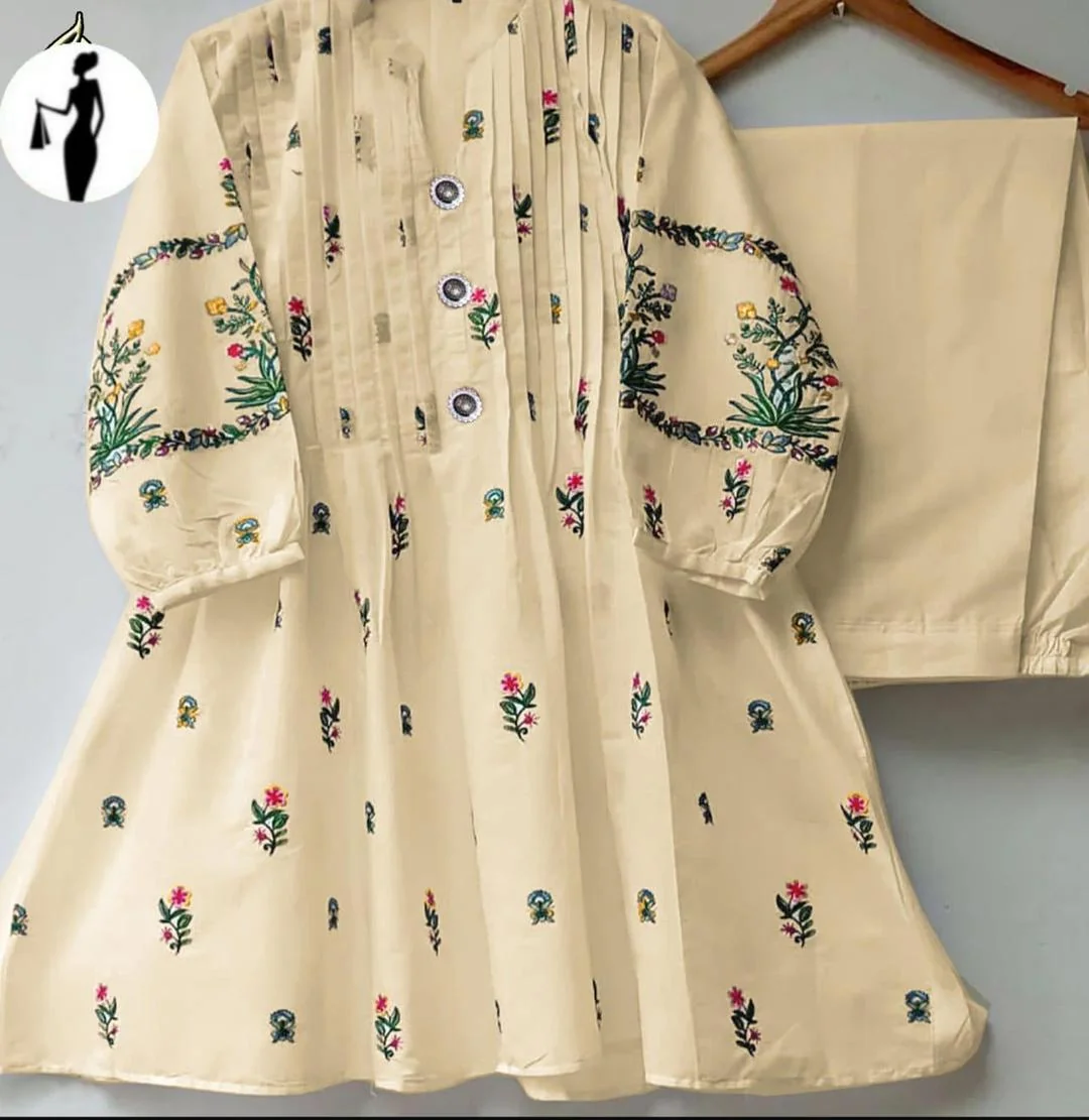 Women Cotton Embroidered Shirt Trouser Set Cream