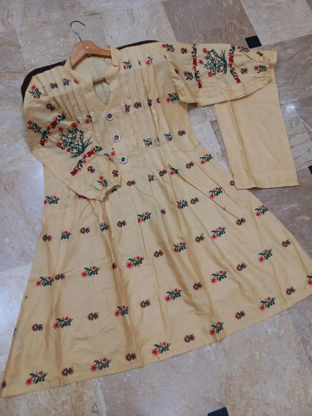 Women Cotton Embroidered Shirt Trouser Set Cream