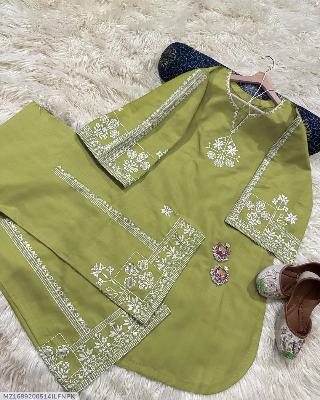 Women Cotton Embroidered Shirt & Trouser Green Set