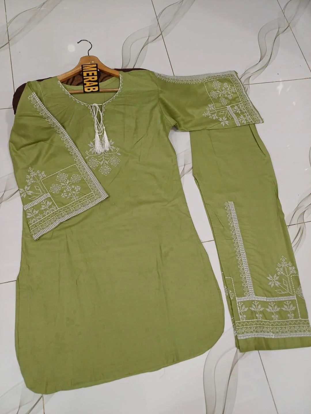 Women Cotton Embroidered Shirt & Trouser Green Set