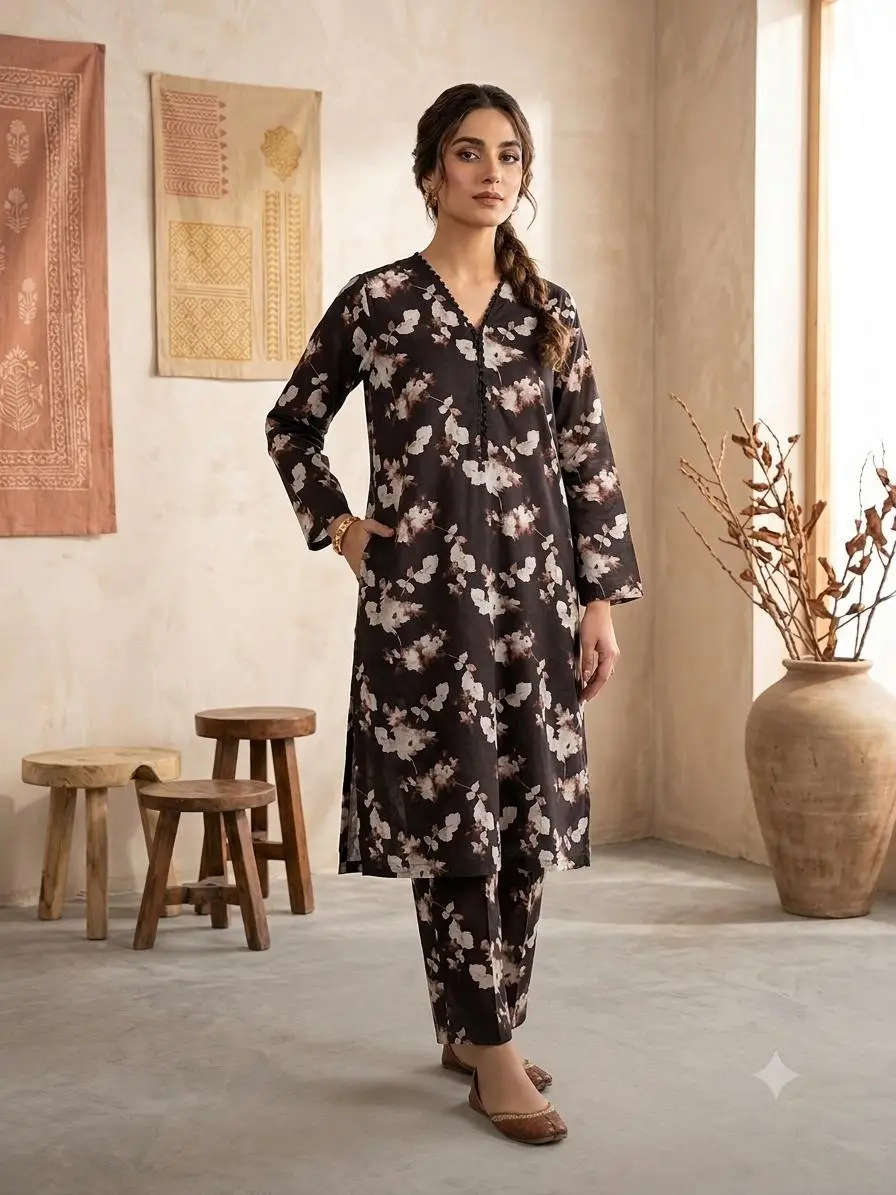 2 Pcs Women's Stitched Lawn Printed Shirt And Trouser